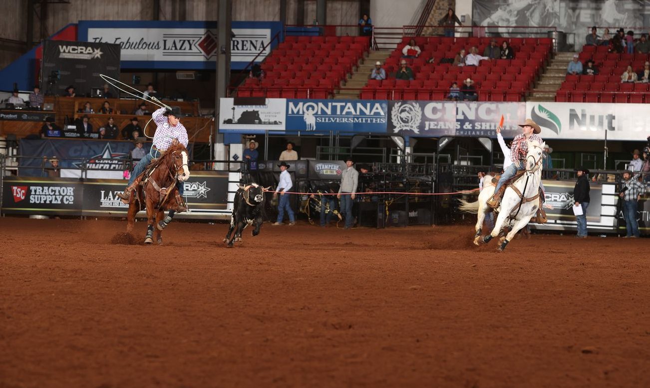 Heath King turning a steer for Stephen Britnell to win Progressive Round 2 of the WCRA Stampede at The E.