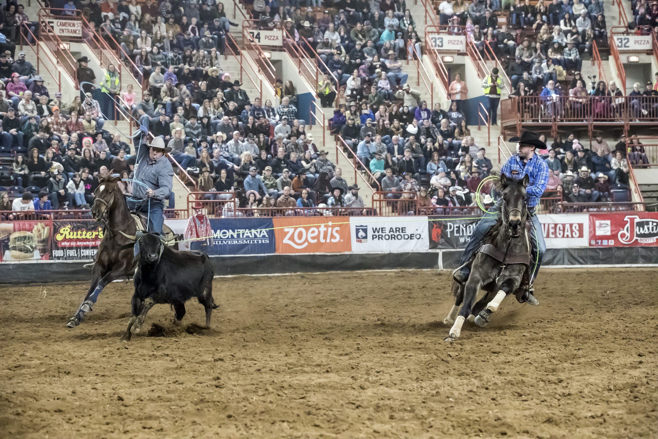 Eric Fabian turning a steer for Derek Carey to win the 2023 First Frontier Circuit Finals.