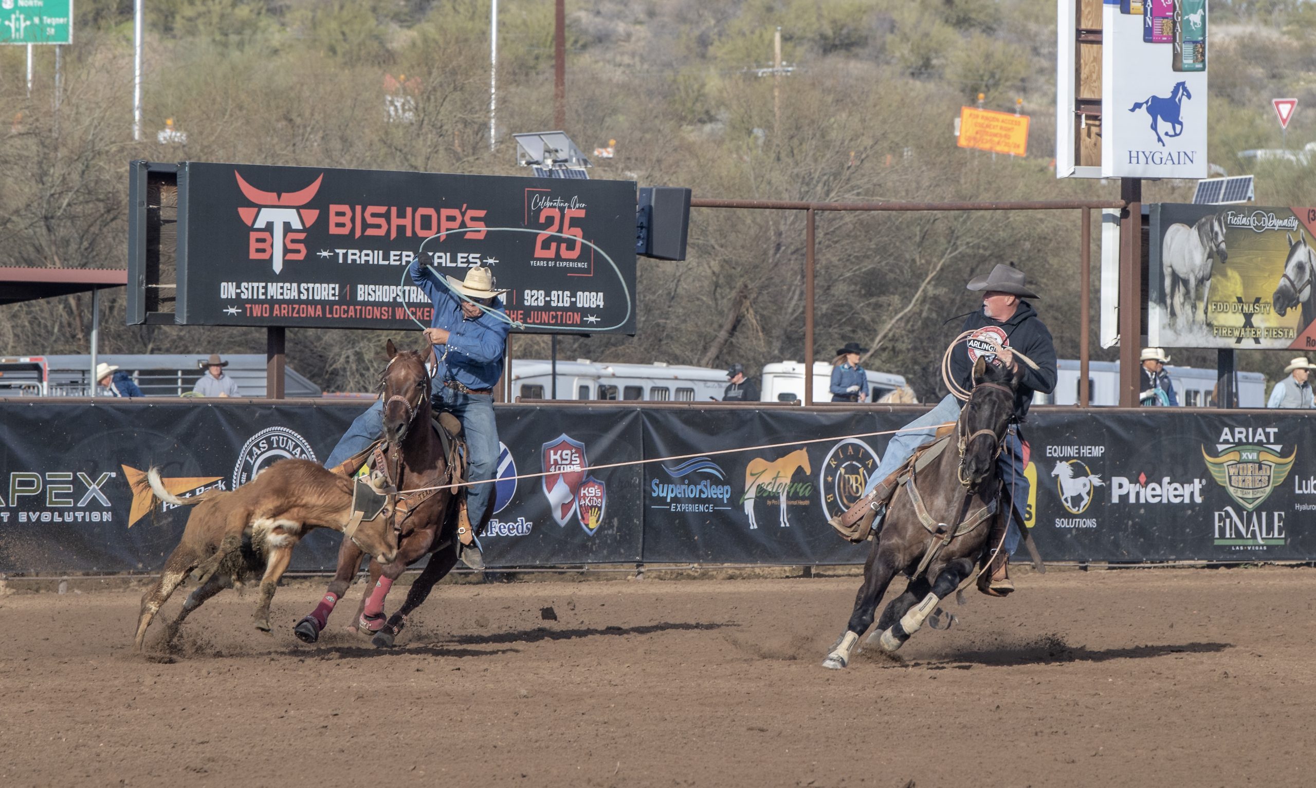 Greg Baker and Joe Talbott were 38.04 on four head to win the #8.5 World Series qualifier, the richest roping of the weekend, for $53,560.