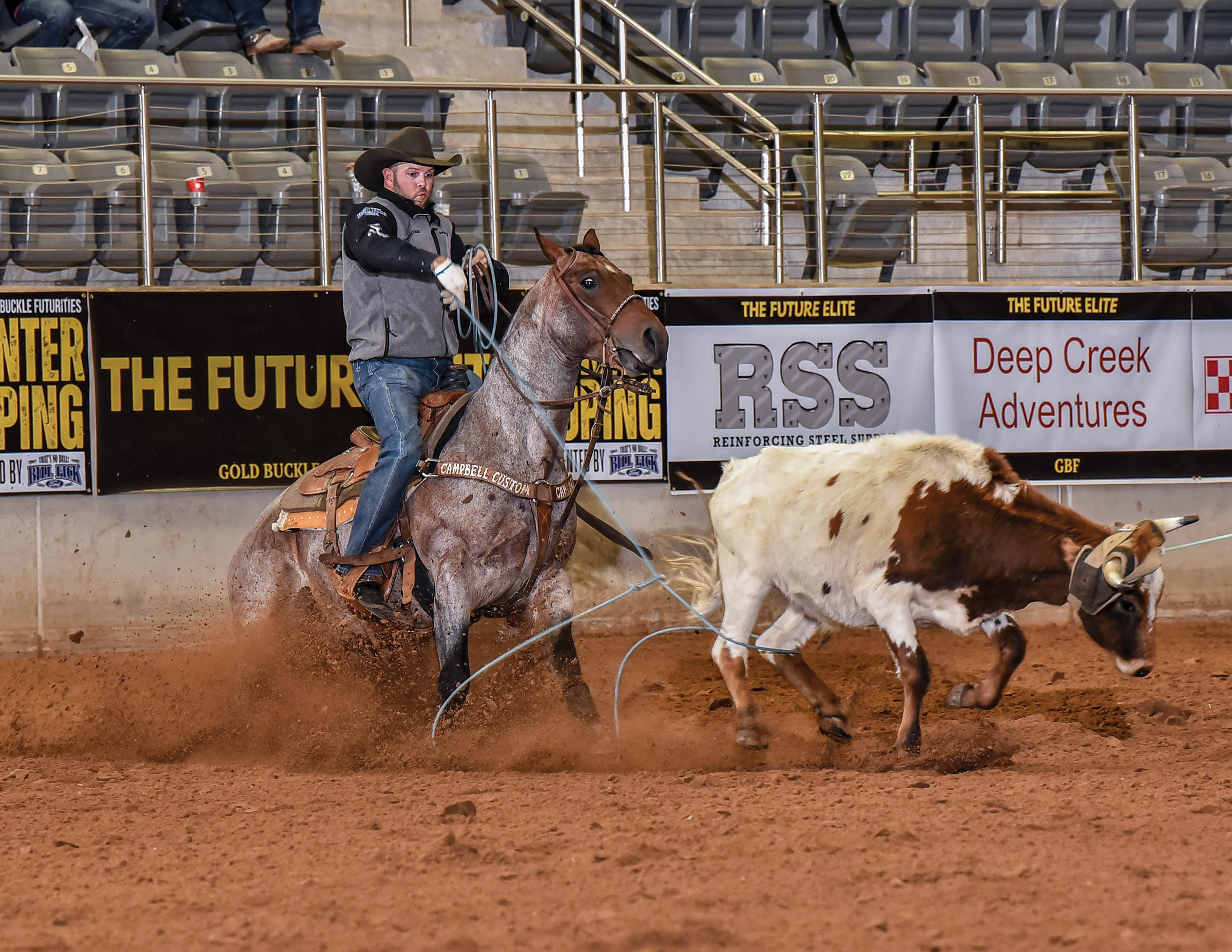 Joseph Harrison heeling on One Time Blues at the Gold Buckle Futurity.