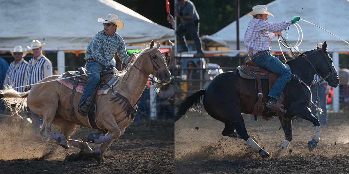 Payton Pirrung and Logan Schliinz roping at Newtown, North Dakota, in 2024.
