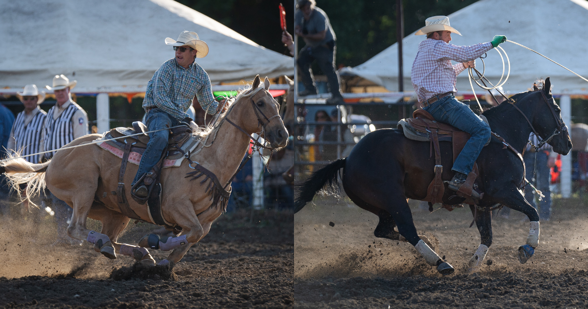 Payton Pirrung and Logan Schliinz roping at Newtown, North Dakota, in 2024.