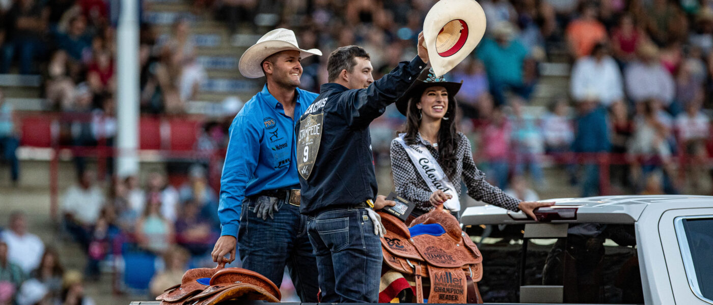 Dustin Egusquiza and Levi Lord taking a victory lap for winning the 2024 Greeley Stampede.