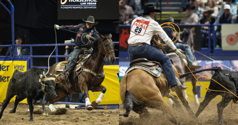 Tyler Wade and Wesley Thorp roping a steer to win the first round of the 2024 NFR with a 3.7-second run.