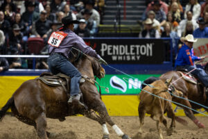 Logan Medlin heeling a steer to win Round 7 of the 2024 NFR.