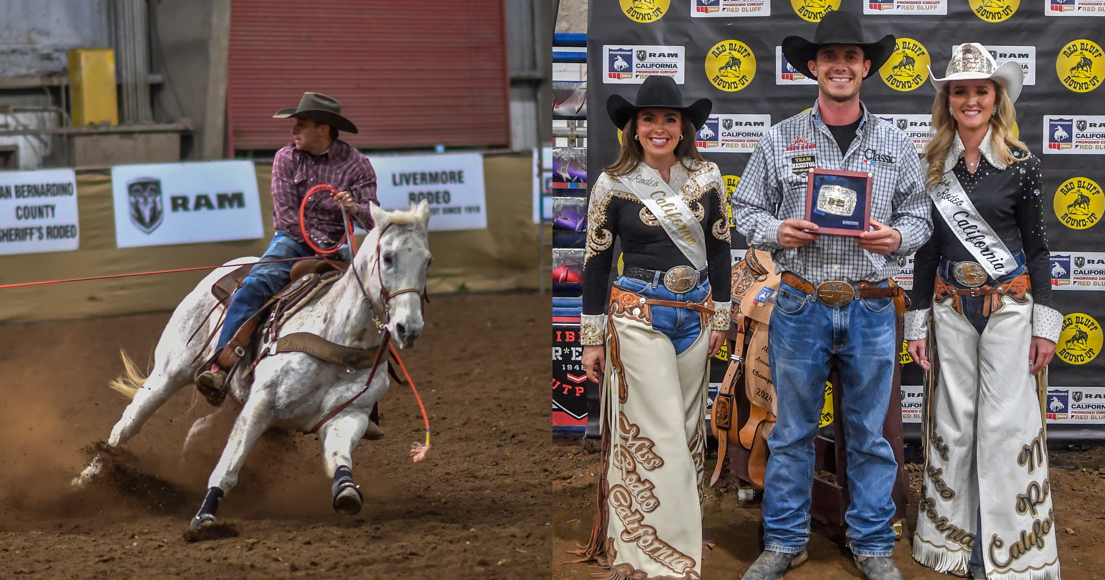 Marcus Battaglia heading a steer, Jason Johe posing with his buckle.