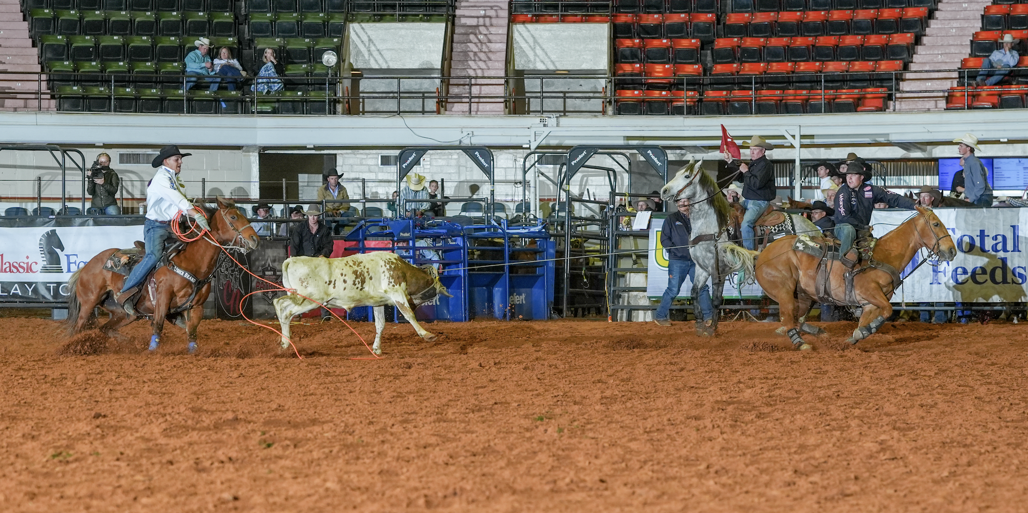 Ketch Kelton roped in 3.26 seconds with Denton Dunning on the heels, only to beat himself with Little Michael Calmelat with a stunning 3.25-second run