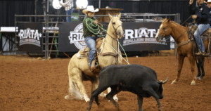 Kennlee Tate aboard Sjrdiamondgolddigger wins the Cowgirl Steer Stopping at 2025 Riata Championships. | TRJ File Photo