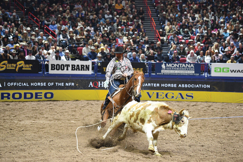 Jake Long heels a spotted steer on Copper, his sorrel heel horse, at the Thomas & Mack Center.