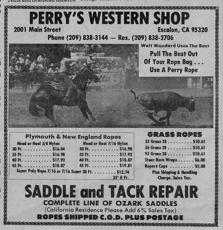 A vintage Perry's Western Shop rope advertisement from Ropers Sports News, featuring an action shot of Walt Woodard