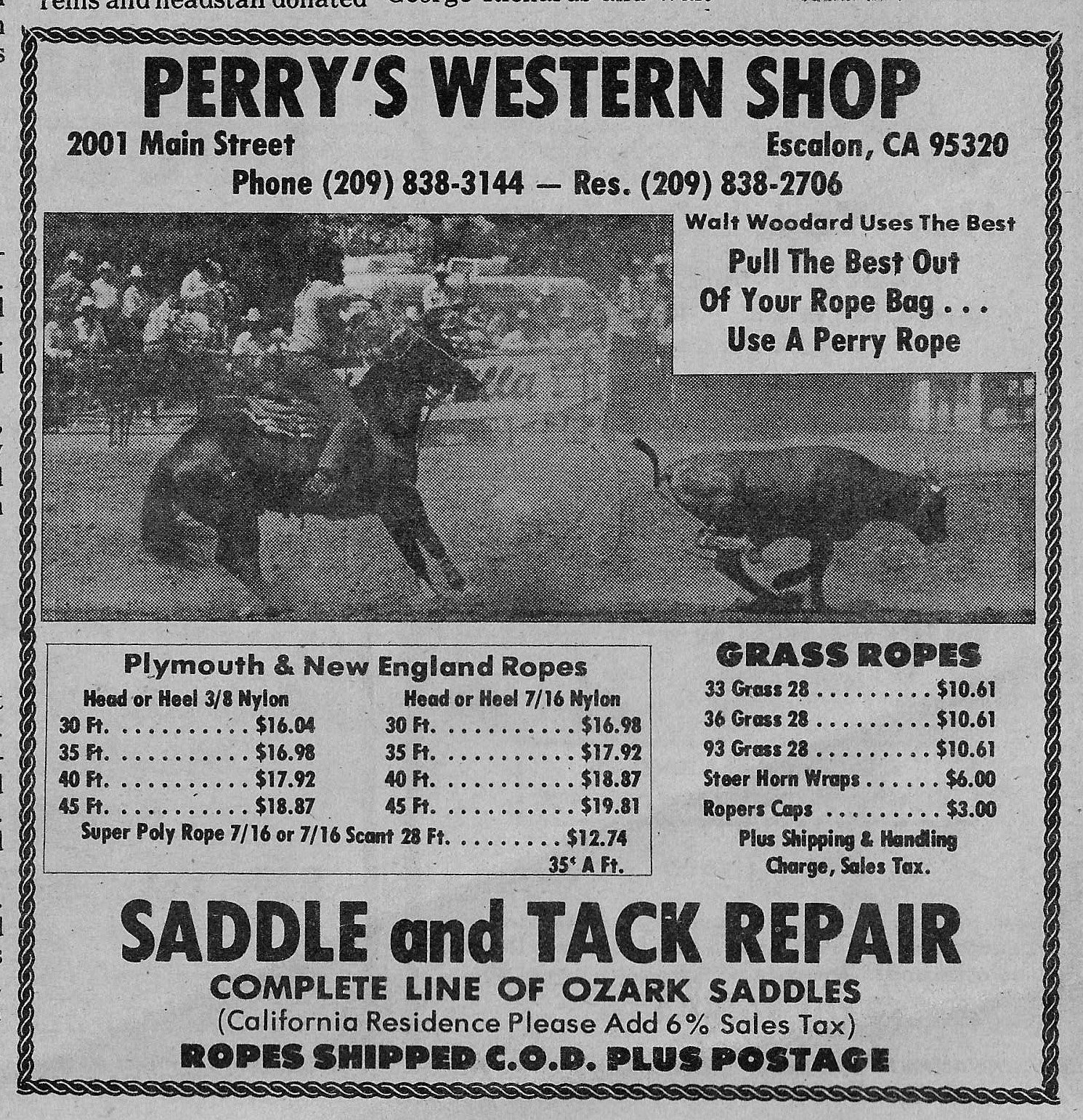 A vintage Perry's Western Shop rope advertisement from Ropers Sports News, featuring an action shot of Walt Woodard
