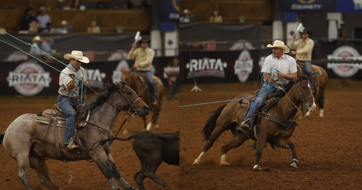 a side by side split of JR Caldwell and Rodney Teichert Winning the Riata Championships Rope Horse Rewards #10.5  in 2026 at the Lazy E arena