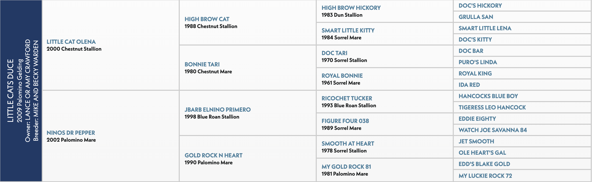 Pedigree chart for Little Cats Duce, a 2009 palomino gelding by Little Cat Olena out of Ninos Dr Pepper