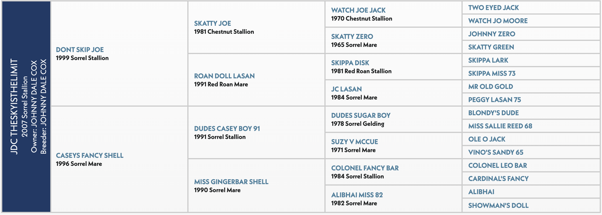 Pedigree chart for JDC Theskyisthelimit, a 2007 sorrel stallion by Dont Skip Joe out of Caseys Fancy Shell