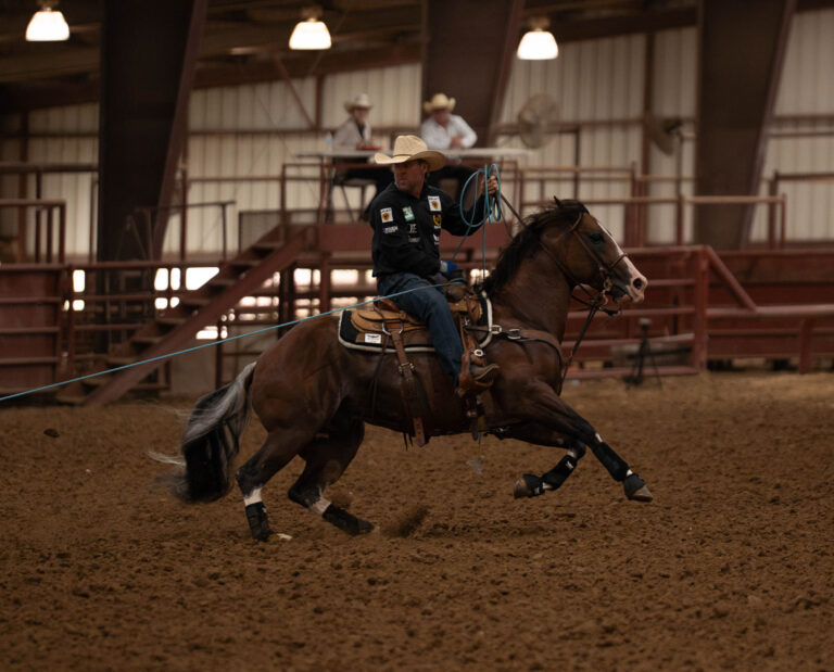 Trevor Brazile turning a steer on Kryptoniite in round 2 at the 2026 Solo Select Rope Horse Futurity