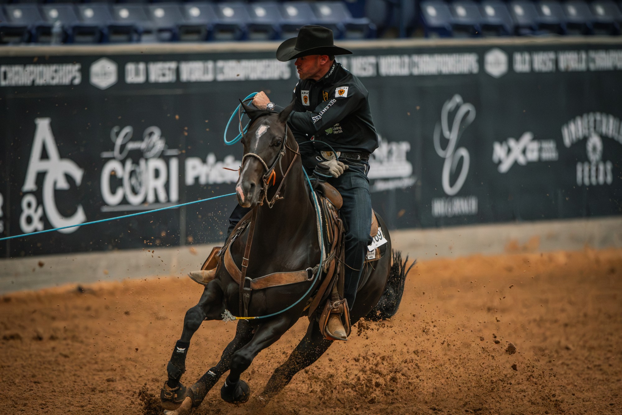 Miles Baker turns a steer on Fendiii at the Old West World Championships in Amarillo, Texas.