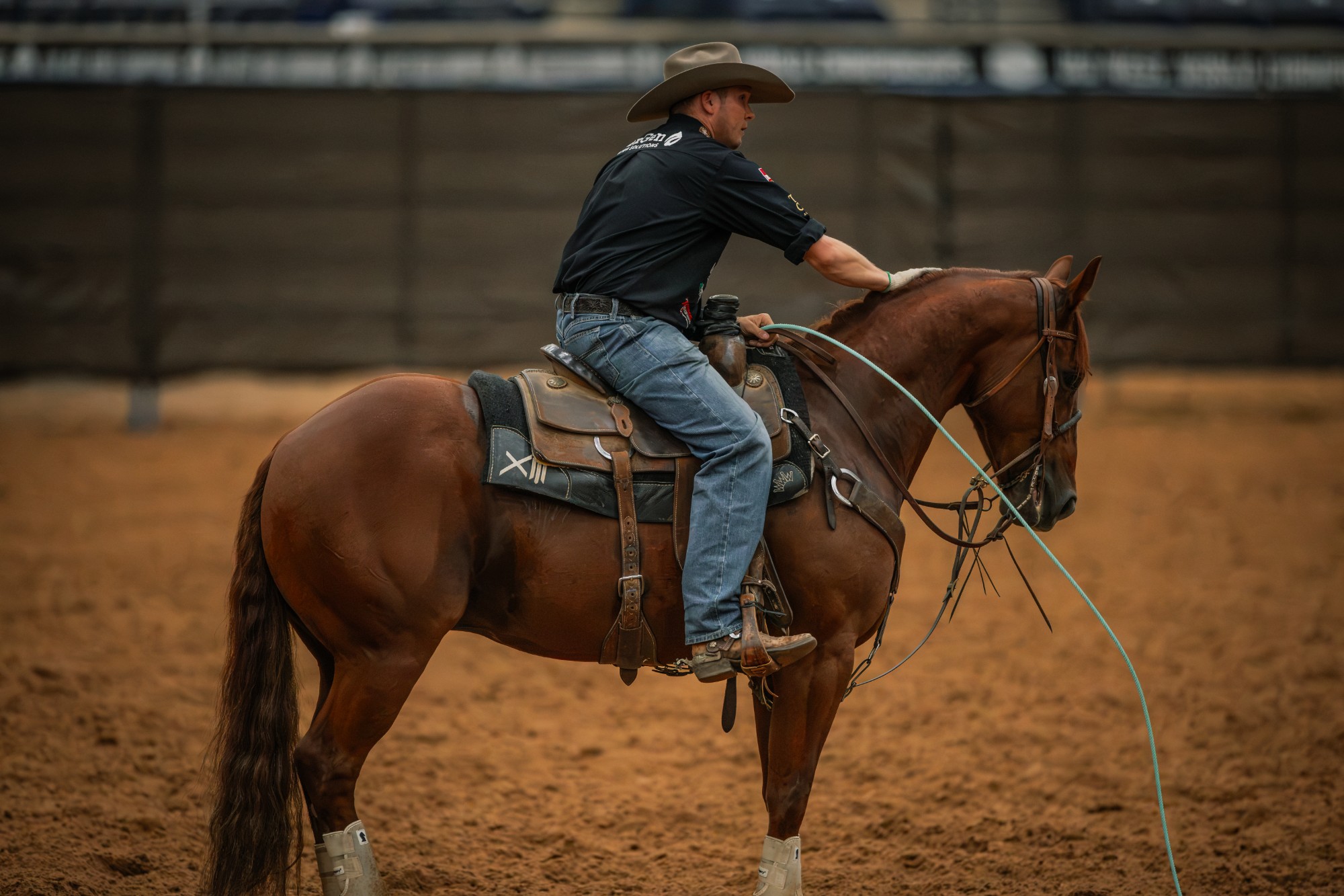 Hunter Koch pats Rockk Star, a sorrel gelding, on the neck in the arena at the Old West World Championships in Amarillo, Texas.