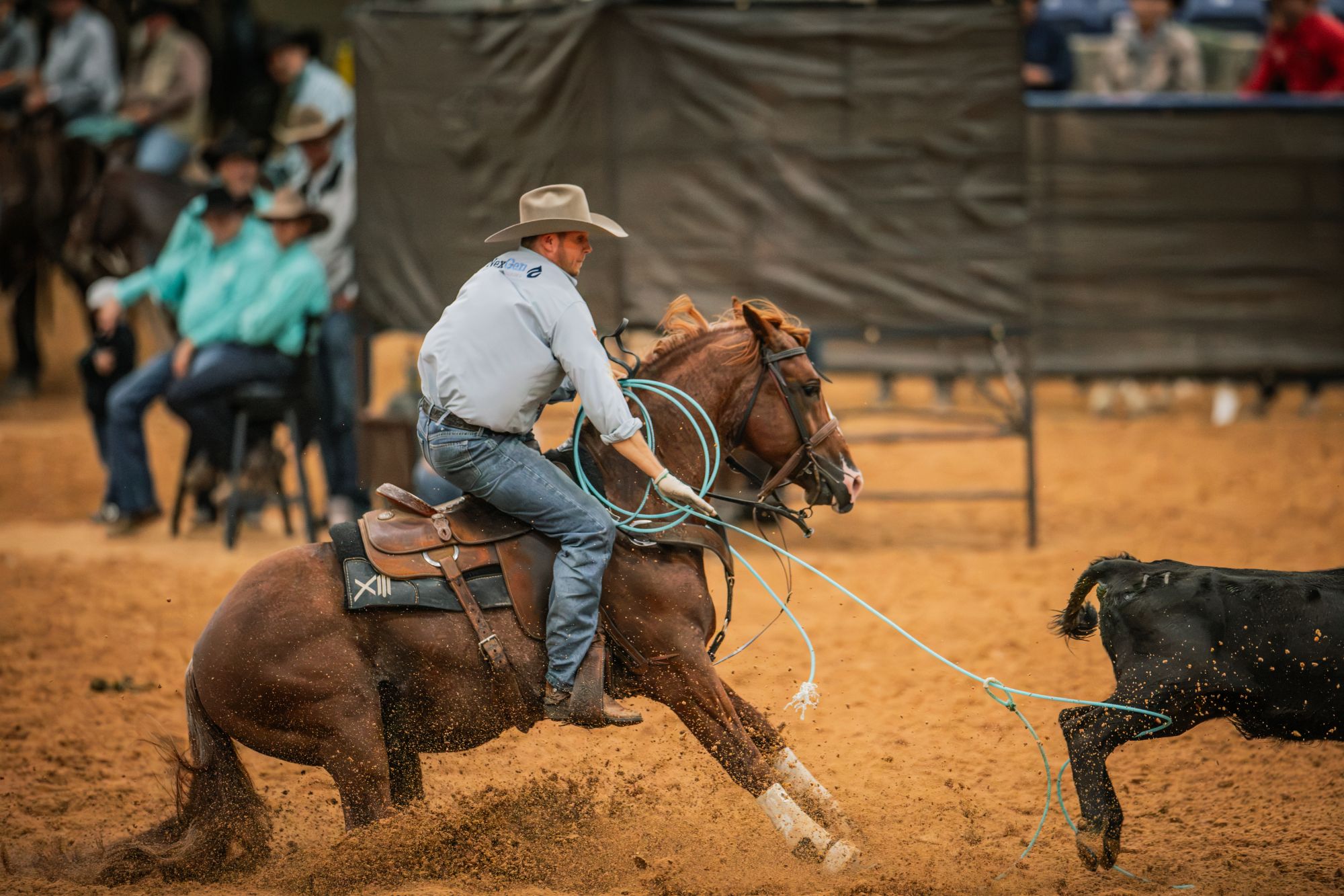 Hunter Koch heels on Rebel X, a sorrel stallion, as the horse drives into the ground behind a black steer.