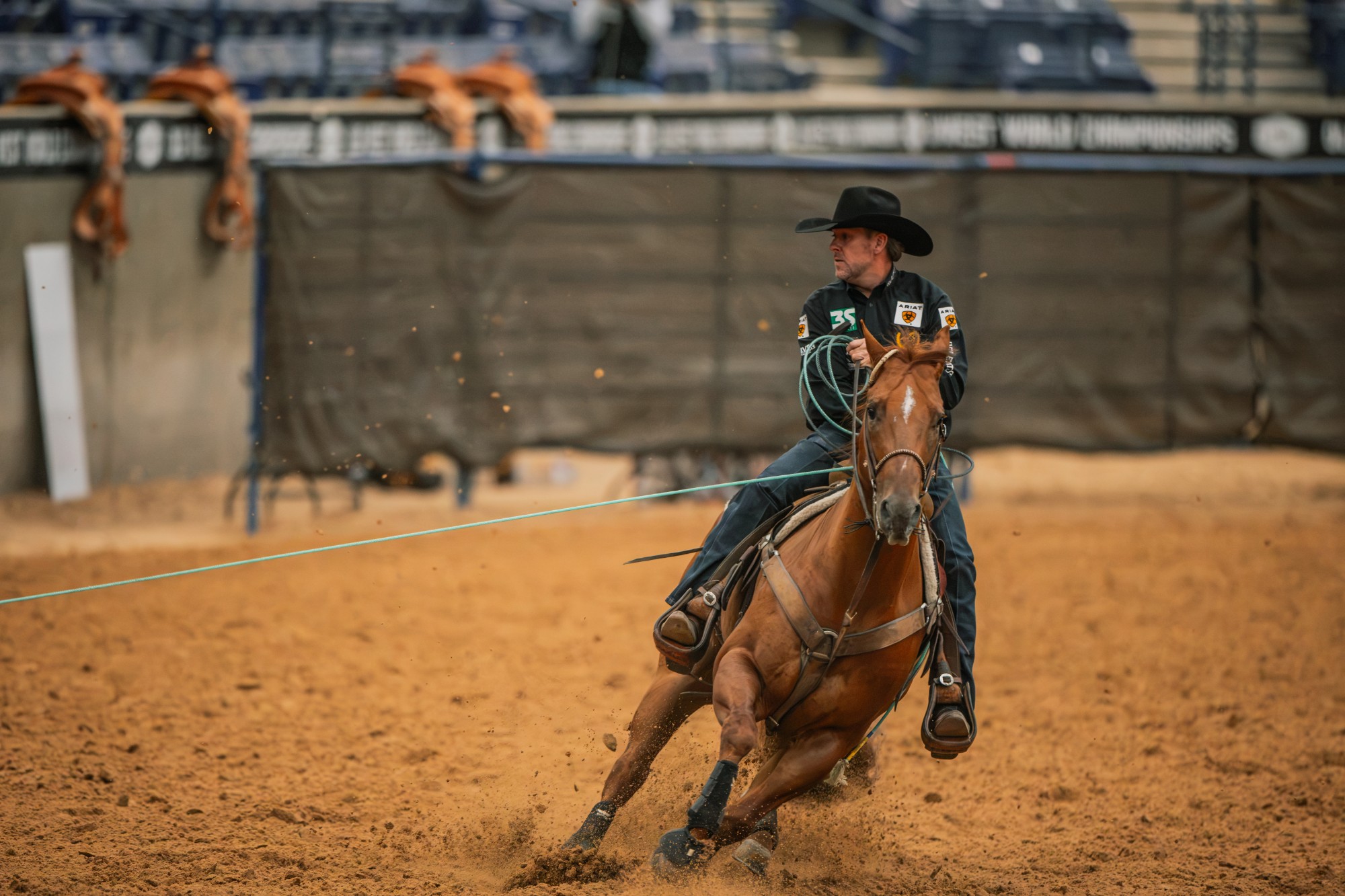 Trevor Brazile heads on RR Gunners Affair at the Old West World Championships in Amarillo, Texas.