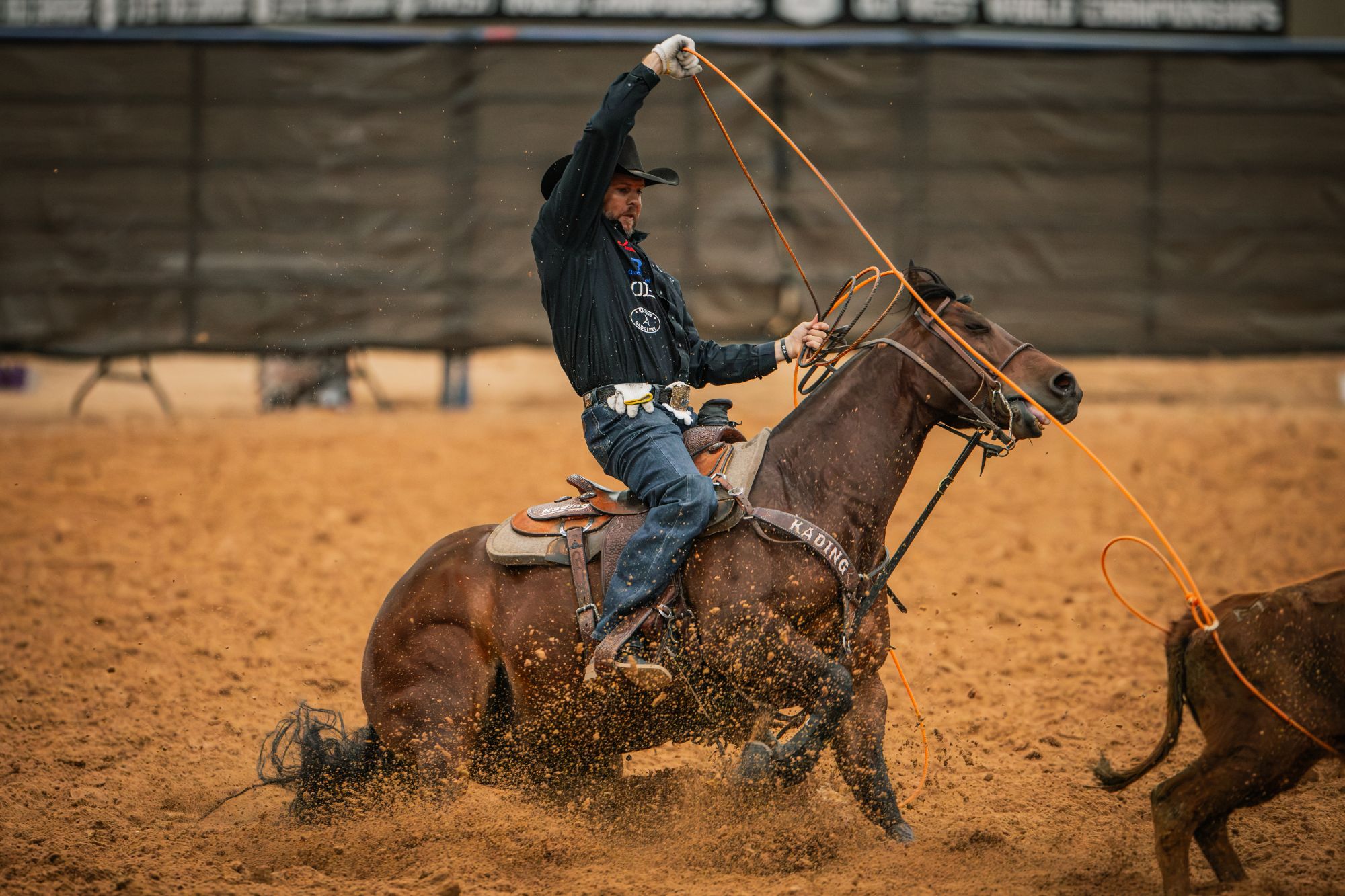 Joseph Harrison heels on Royal Nites at the Old West World Championships in Amarillo, Texas.