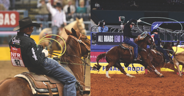 Paden Bray, left, and Joseph Harrison, right, heeling on sorrel horses at the NFR
