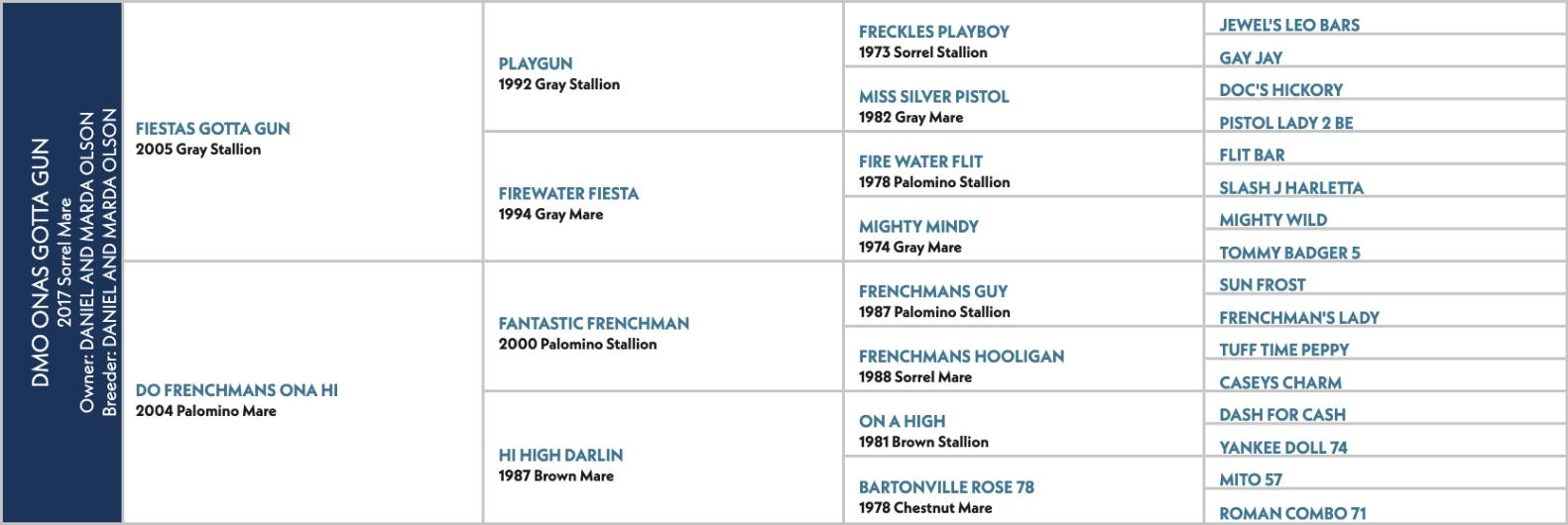 Pedigree chart for DMO Onas Gotta Gun, a 2017 sorrel mare by Fiestas Gotta Gun out of Do Frenchmans Ona Hi.