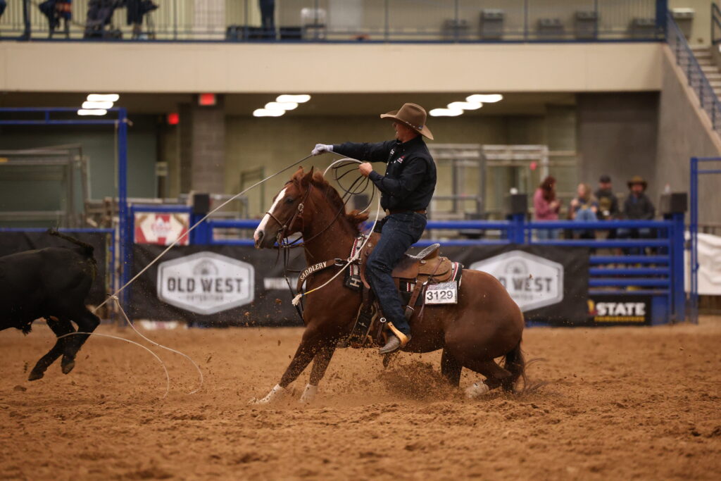Andy Holcomb heels on Vintage Belair at the 2026 Old West World Championships in Amarillo, Texas.