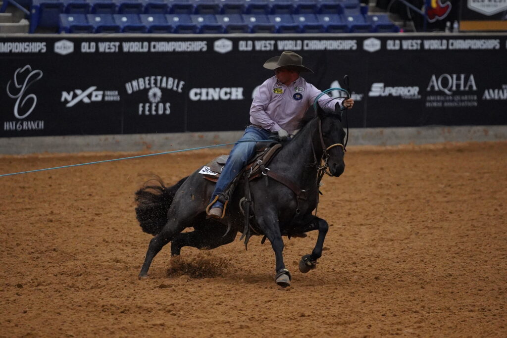 Culley Morgan heads on Vintage Roan at the 2026 Old West World Championships in Amarillo, Texas.