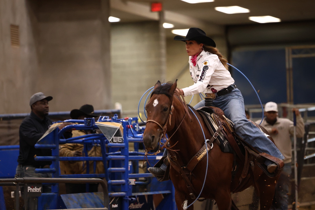 Jackie Crawford heads on Ichis Brown Gypsy at the 2026 Old West World Championships in Amarillo, Texas.