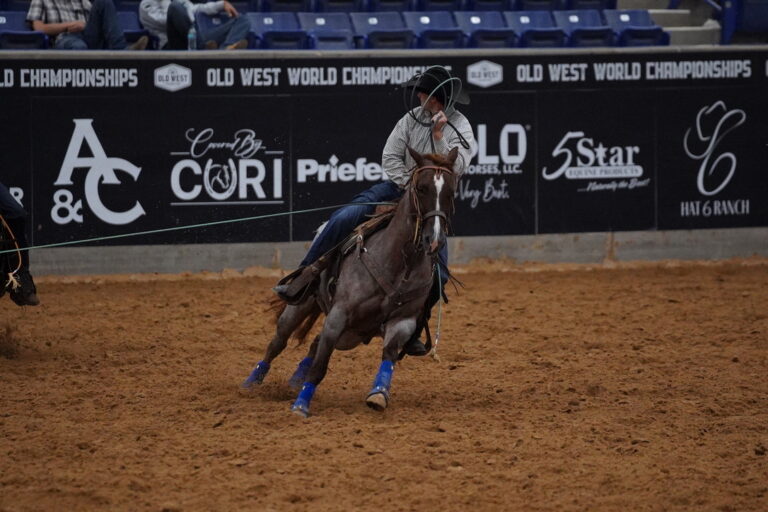 Trevor Boatwright heads on Little Miss Metallic at the 2026 Old West World Championships in Amarillo, Texas.