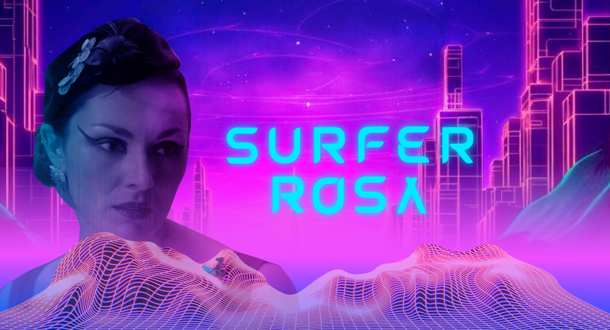 Imagen de Surfer Rosa donde se ve la cara de una mujer y el texto en azul que dice Surfer rosa