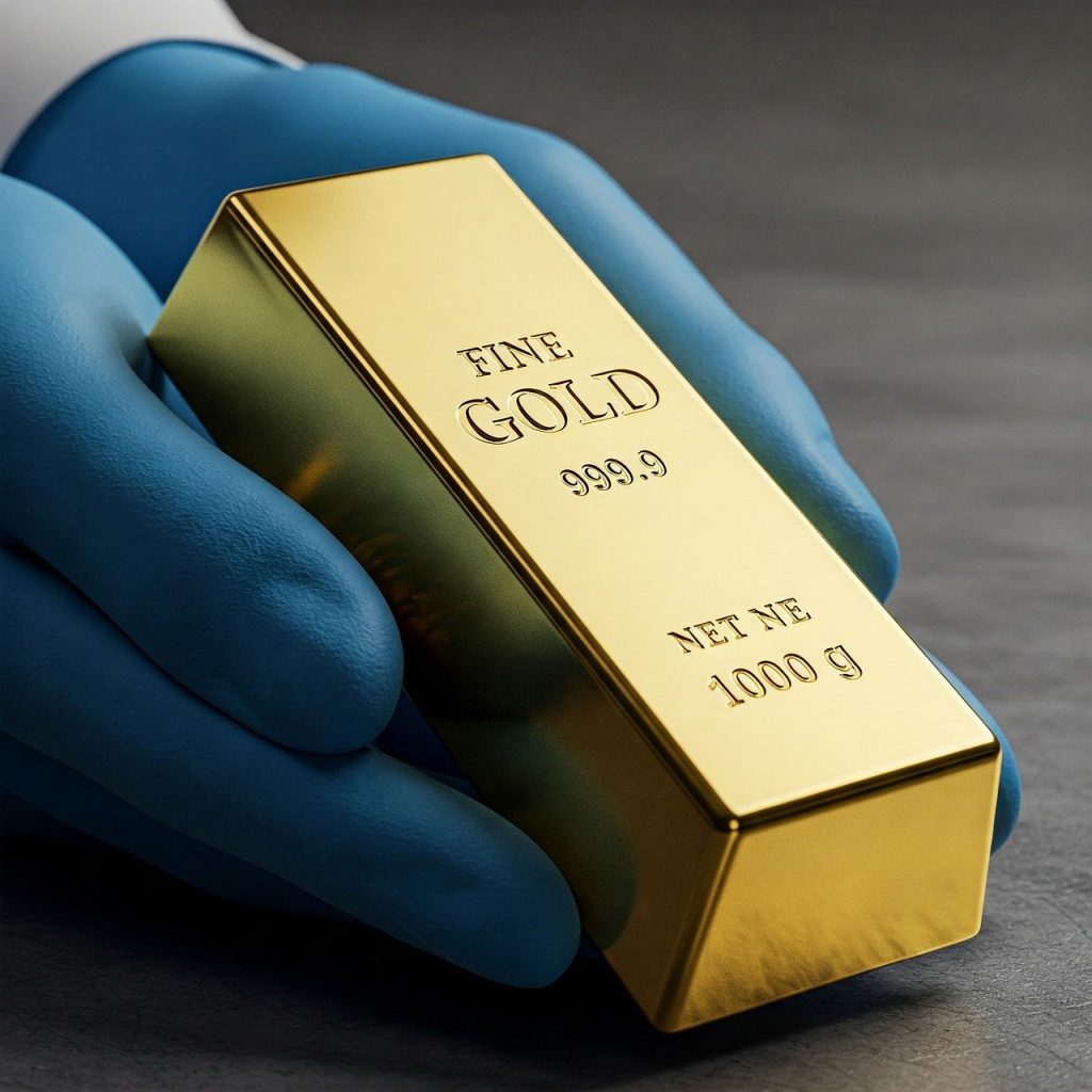 gold, ingot, fine gold, precious metal, wealth, investment, finance, money, treasure, luxury, shiny, metal, bullion, reserve, rich, value, golden, holding, hands, gloves, purity, closeup, ai generated