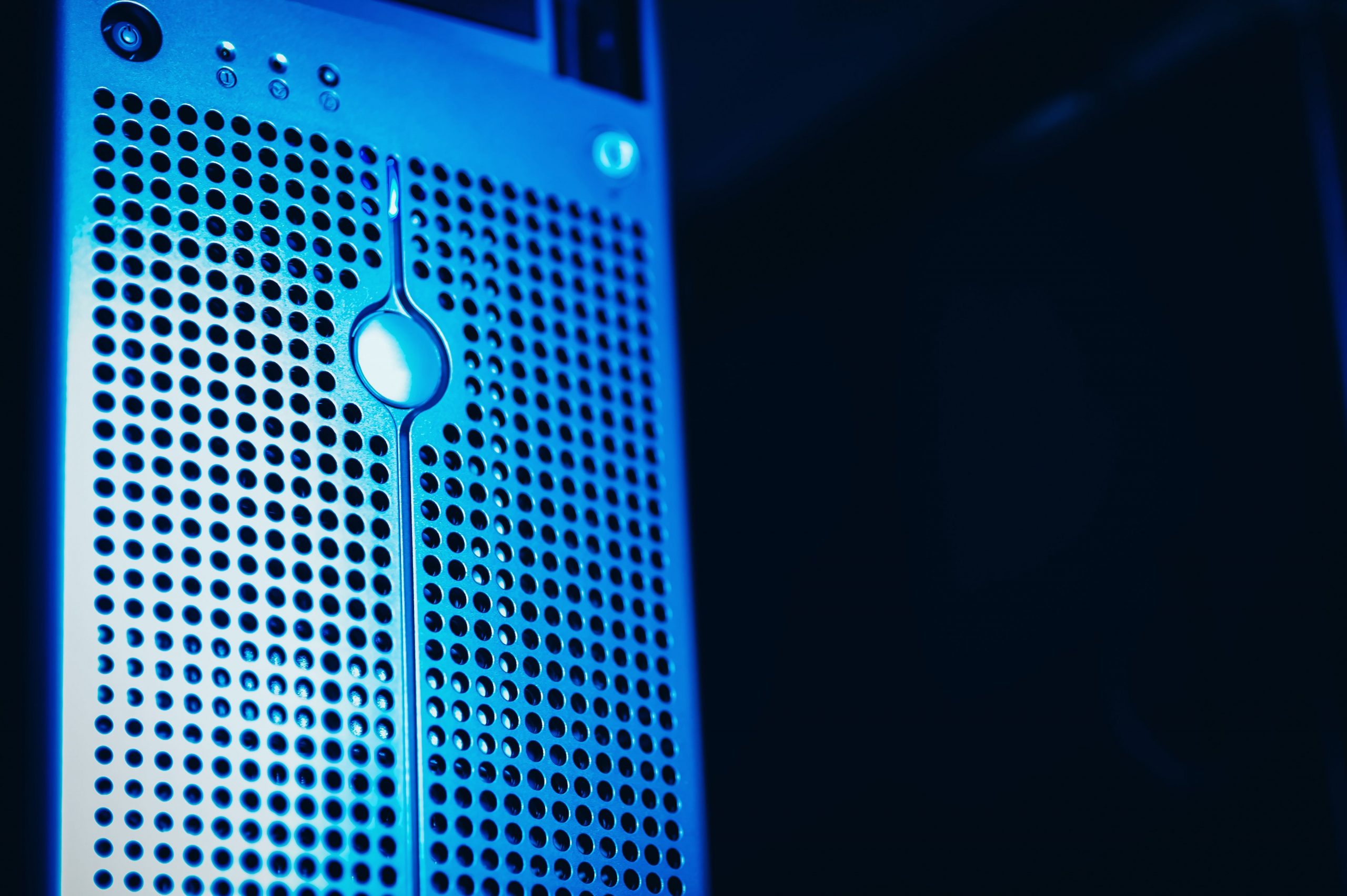 Close up of a blue server rack in datacenter