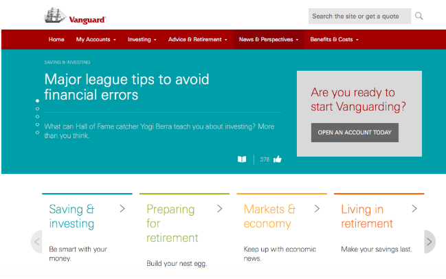 A sampling of Vanguard's website and its products. Source: Vanguard.com