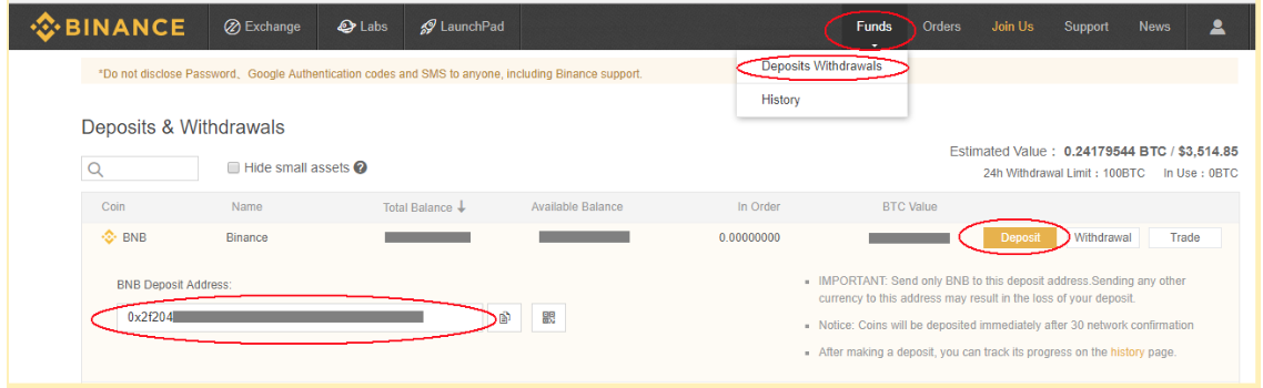 Deposit cryptocurrency in Binance. Source: Binance.com