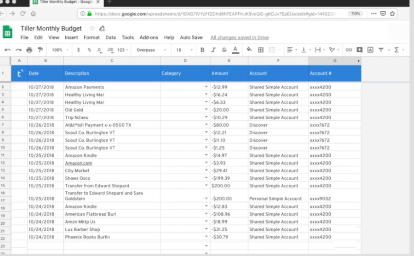 Tiller's spreadsheets on Google Sheets. Source: Tiller