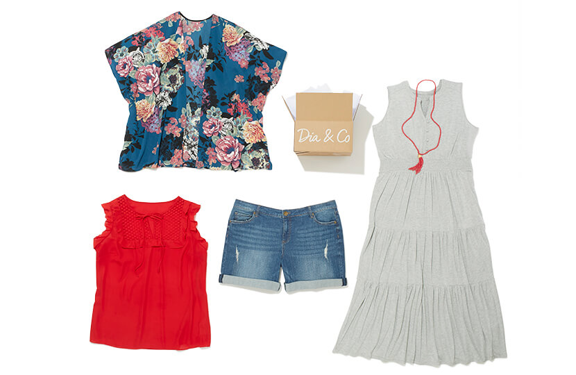 Five items from a Dia Style Box that include plus size denim shorts, a maxi dress, tassel necklace, red top, and floral kimono.