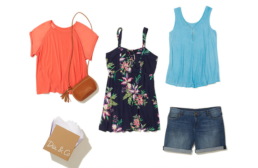 Plus size subscription box from Dia&Co featuring casual styles including an orange top, floral dress, blue tank top, denim shorts, and a crossbody bag.