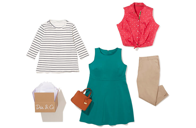 A Dia Style Box featuring a plus size green dress, khaki pants, red top, striped shirt, and camel purse.