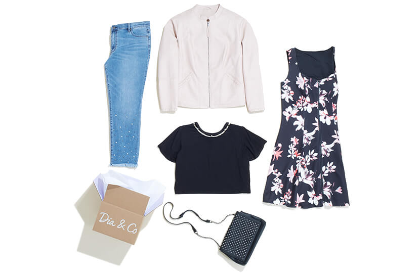This Dia Style box features glam pieces including embellished denim, a crop top, floral dress, and bomber jacket.