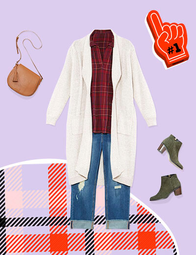plaid button down, cardigan, denim