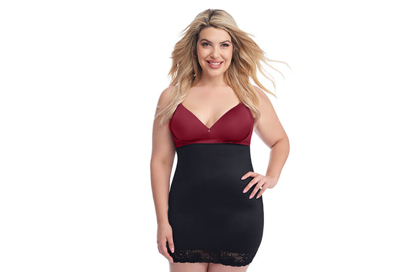 black slip shapewear, red bra