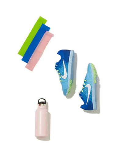 Headbands, sneakers, and water bottle.