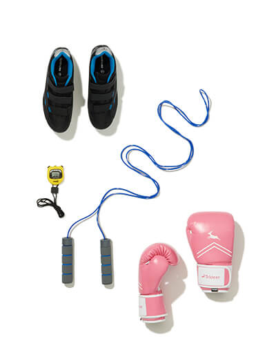 Jumprope, stop watch, sneakers, and boxing gloves