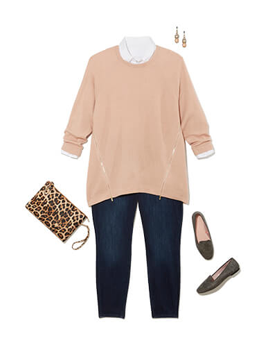 Winter outfit featuring pink sweater layered over white button-down.