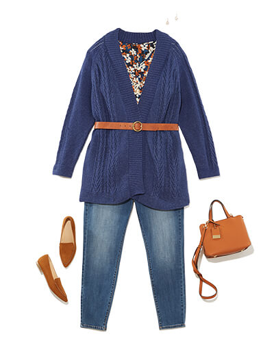 Winter outfit featuring a longline cardigan and and waist belt.