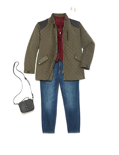 Winter outfit featuring a plaid button-down tied at the waist.
