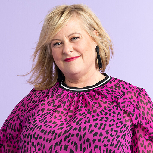 angela o'riley headshot plus-size pink cheetah print top with varsity stripe