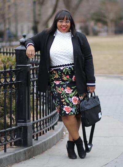 Jami in a stylish plus-size workwear ensemble.