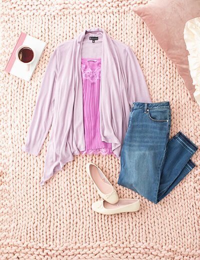 valentine's day plus size pink tank top mauve cardigan skinny jeans